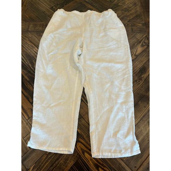 FLAX Thin White Linen Pants Large Elastic Waist Lagenlook Leg Pull On Beachy - Picture 1 of 12